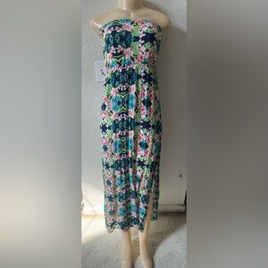 Annianna floral tube long fit flare summer beach dress strapless y2k medium